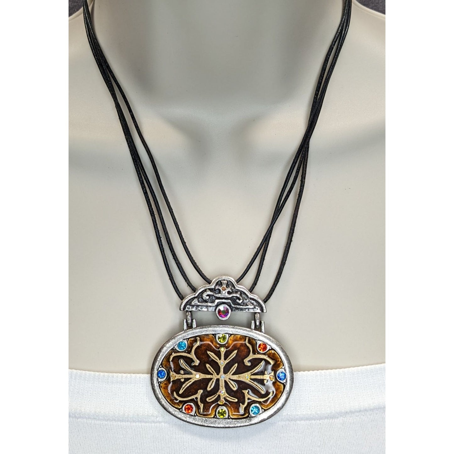Vintage Chico's Enamel Pendant Necklace Rhinestone Brown Silver Folk Art
