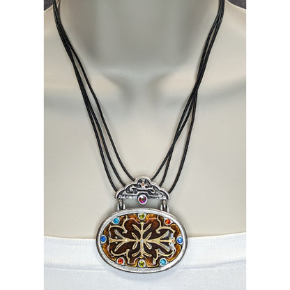 Vintage Chico's Enamel Pendant Necklace Rhinestone Brown Silver Folk Art
