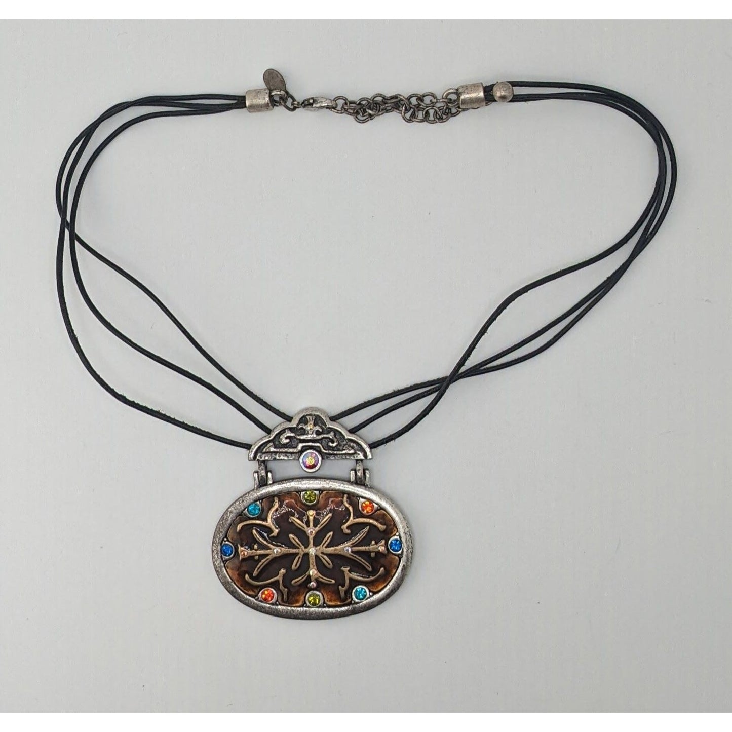 Vintage Chico's Enamel Pendant Necklace Rhinestone Brown Silver Folk Art