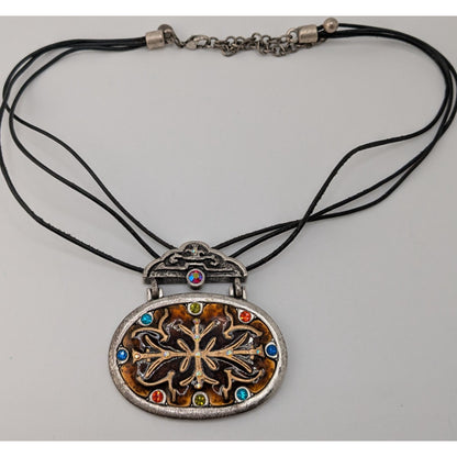 Vintage Chico's Enamel Pendant Necklace Rhinestone Brown Silver Folk Art