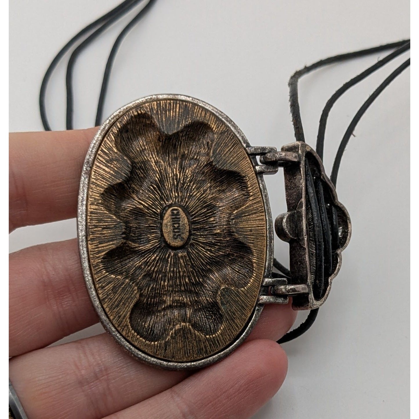 Vintage Chico's Enamel Pendant Necklace Rhinestone Brown Silver Folk Art