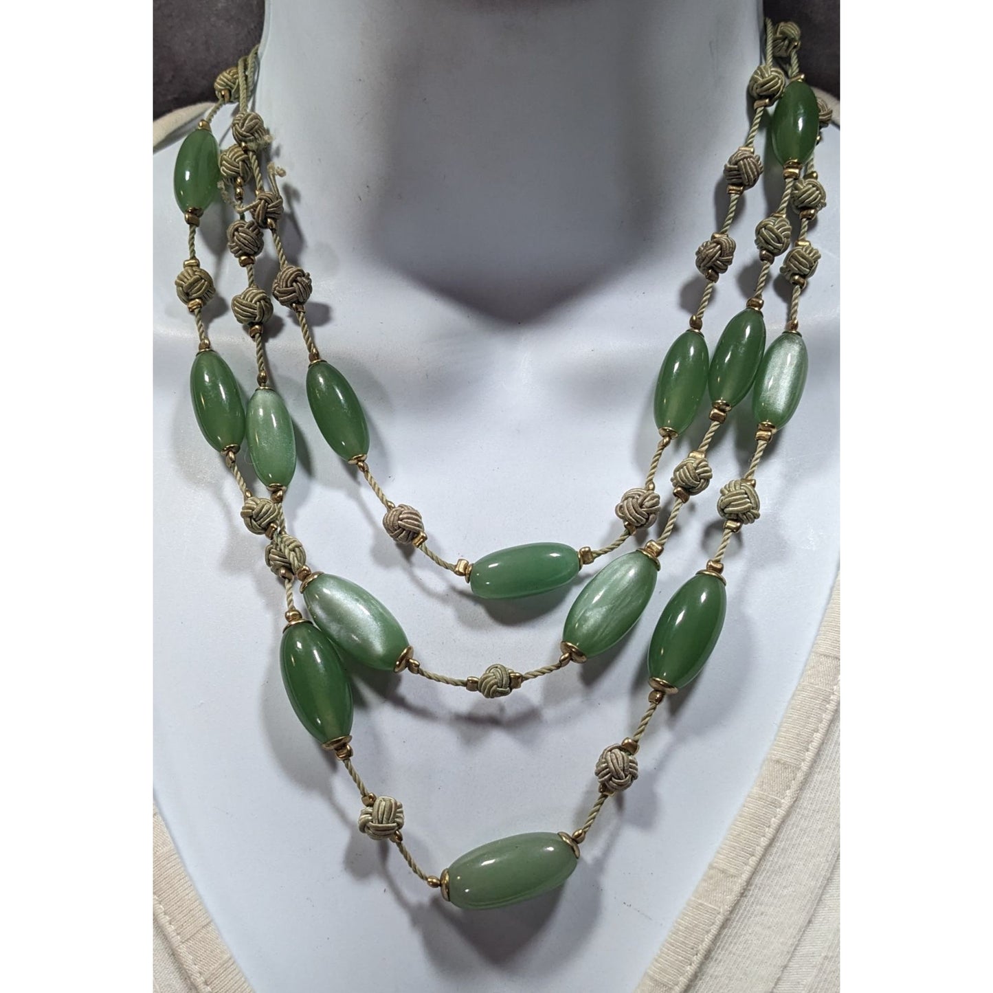 Vintage Liz Claiborne Green Moonglow Lucite Layered Knotted Necklace