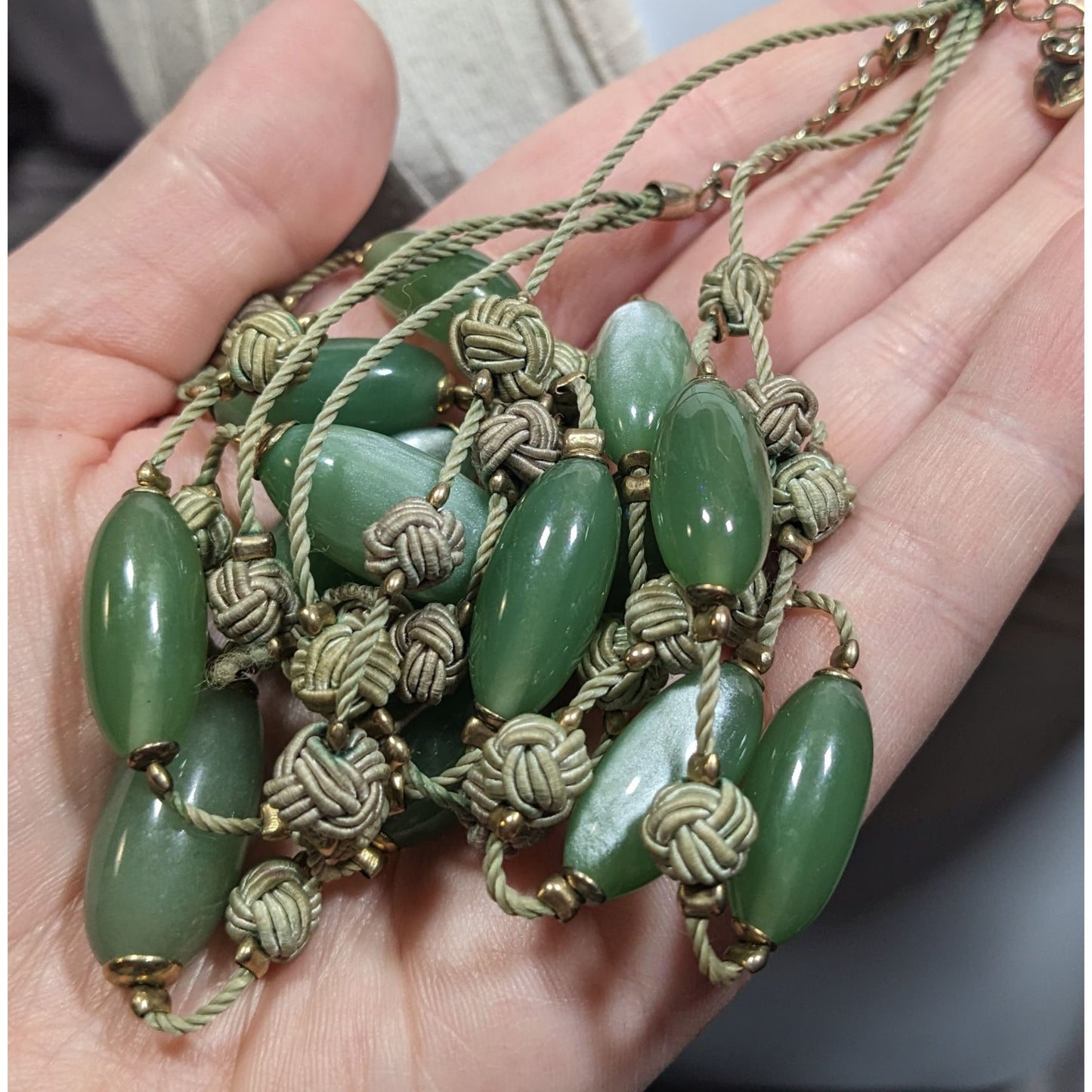 Vintage Liz Claiborne Green Moonglow Lucite Layered Knotted Necklace