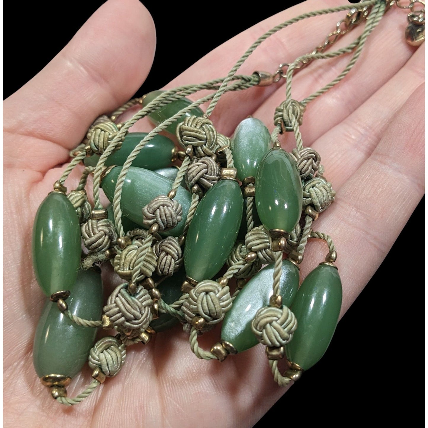 Vintage Liz Claiborne Green Moonglow Lucite Layered Knotted Necklace
