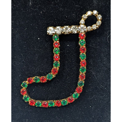 Vintage Holiday Stocking Red And Green Rhinestone Open Brooch