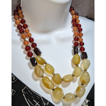Vintage Gemstone Glass Beaded Necklace Double Strand Earth Tone Statement Jewelry