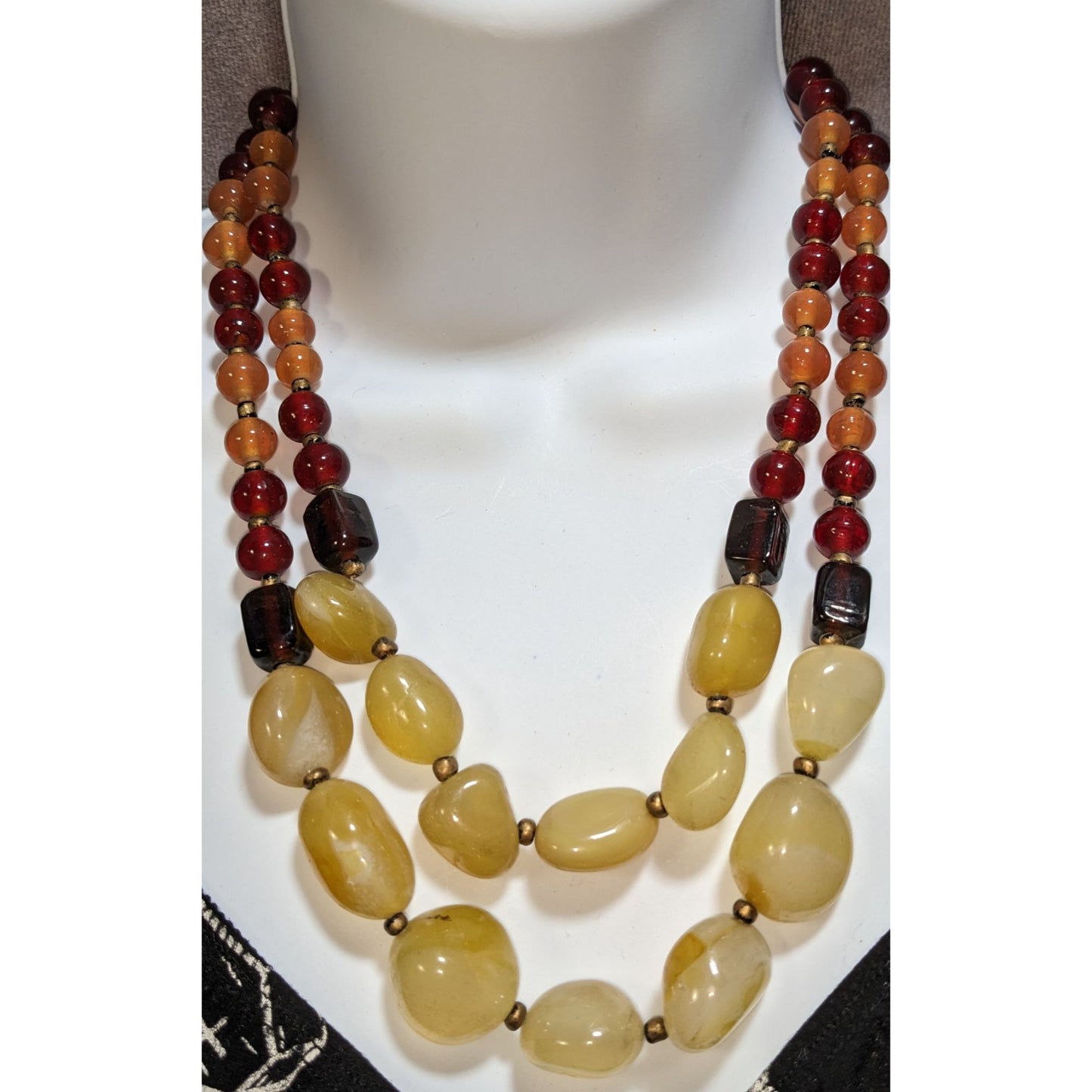 Vintage Gemstone Glass Beaded Necklace Double Strand Earth Tone Statement Jewelry