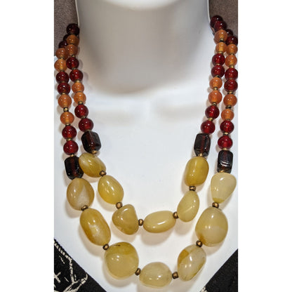 Vintage Gemstone Glass Beaded Necklace Double Strand Earth Tone Statement Jewelry
