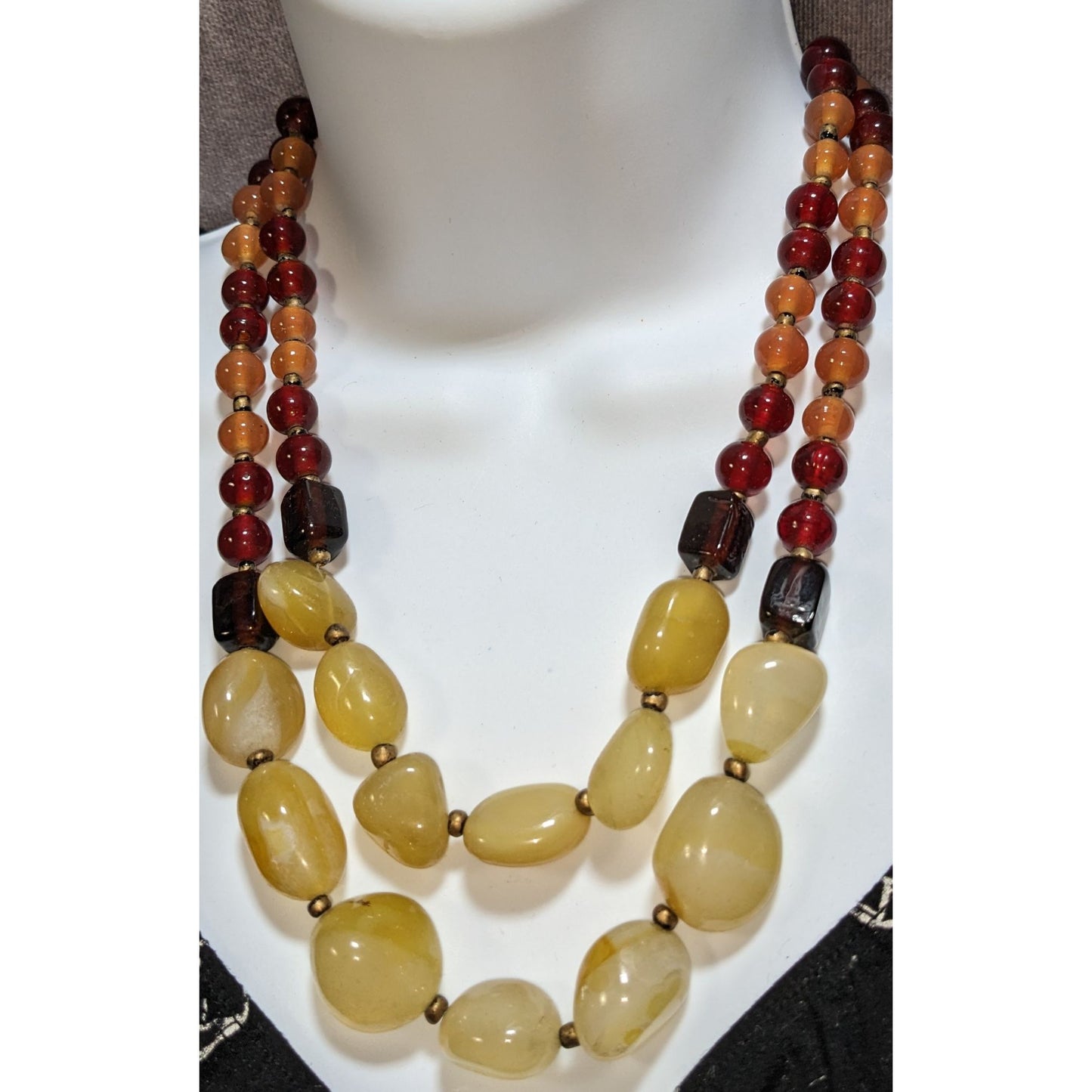 Vintage Gemstone Glass Beaded Necklace Double Strand Earth Tone Statement Jewelry