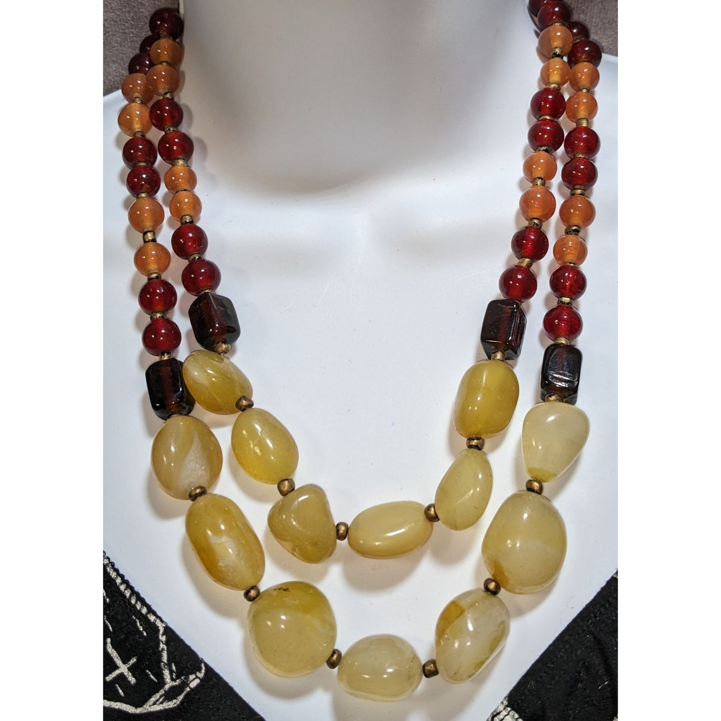 Vintage Gemstone Glass Beaded Necklace Double Strand Earth Tone Statement Jewelry