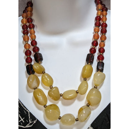 Vintage Gemstone Glass Beaded Necklace Double Strand Earth Tone Statement Jewelry