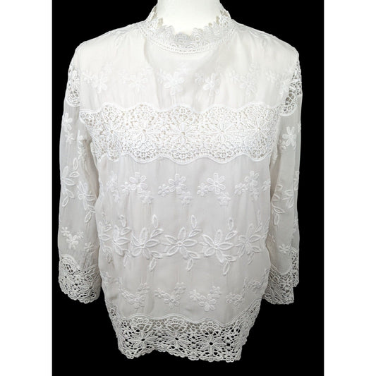 Lollipop White Floral Embroidered Vintage Style Top Size Medium