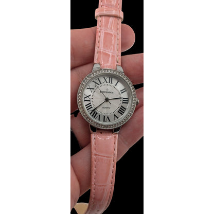 Avon Pink Glamor Pink Croc-Style Leather Strap Quartz Watch Roman Numerals Rhinestone Bezel