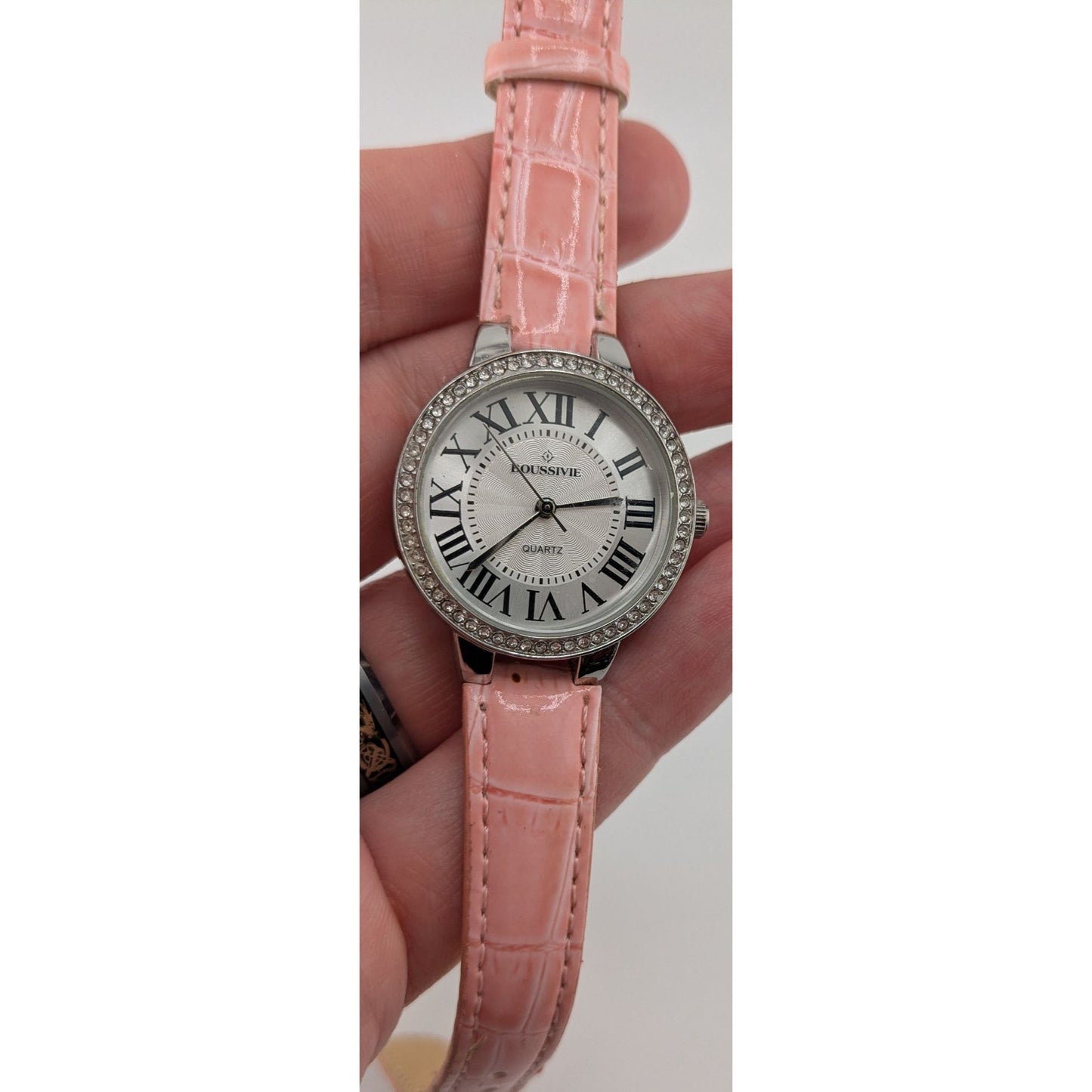 Avon Pink Glamor Pink Croc-Style Leather Strap Quartz Watch Roman Numerals Rhinestone Bezel