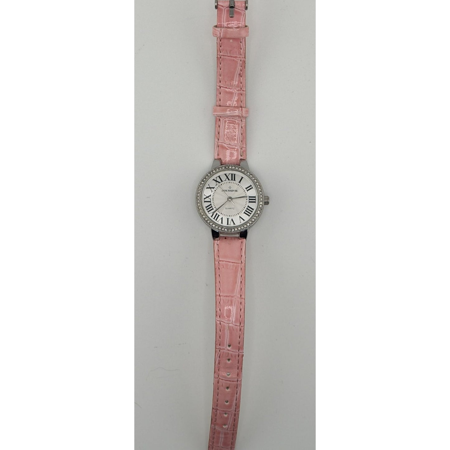 Avon Pink Glamor Pink Croc-Style Leather Strap Quartz Watch Roman Numerals Rhinestone Bezel