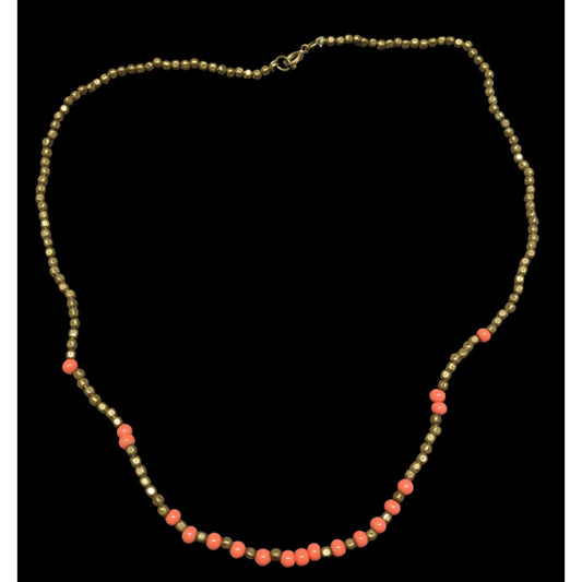 Vintage Brass And Coral Glass Beaded Necklace With Spring Clasp