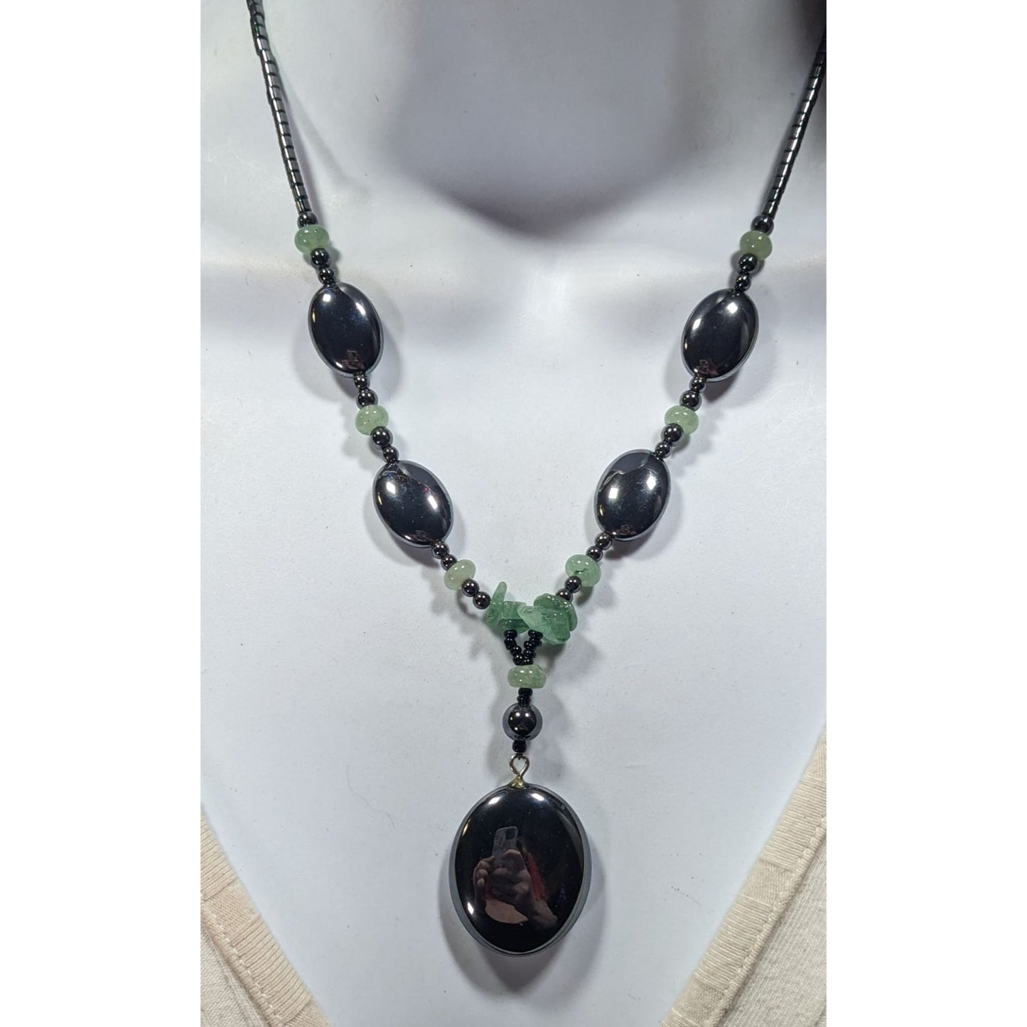 Handmade Hematite And Green Amethyst Beaded Drop Necklace