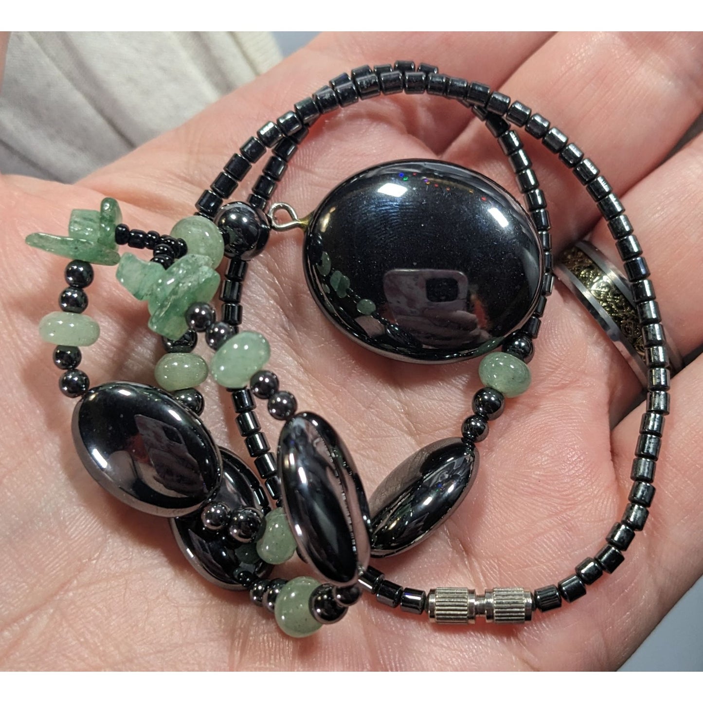 Handmade Hematite And Green Amethyst Beaded Drop Necklace