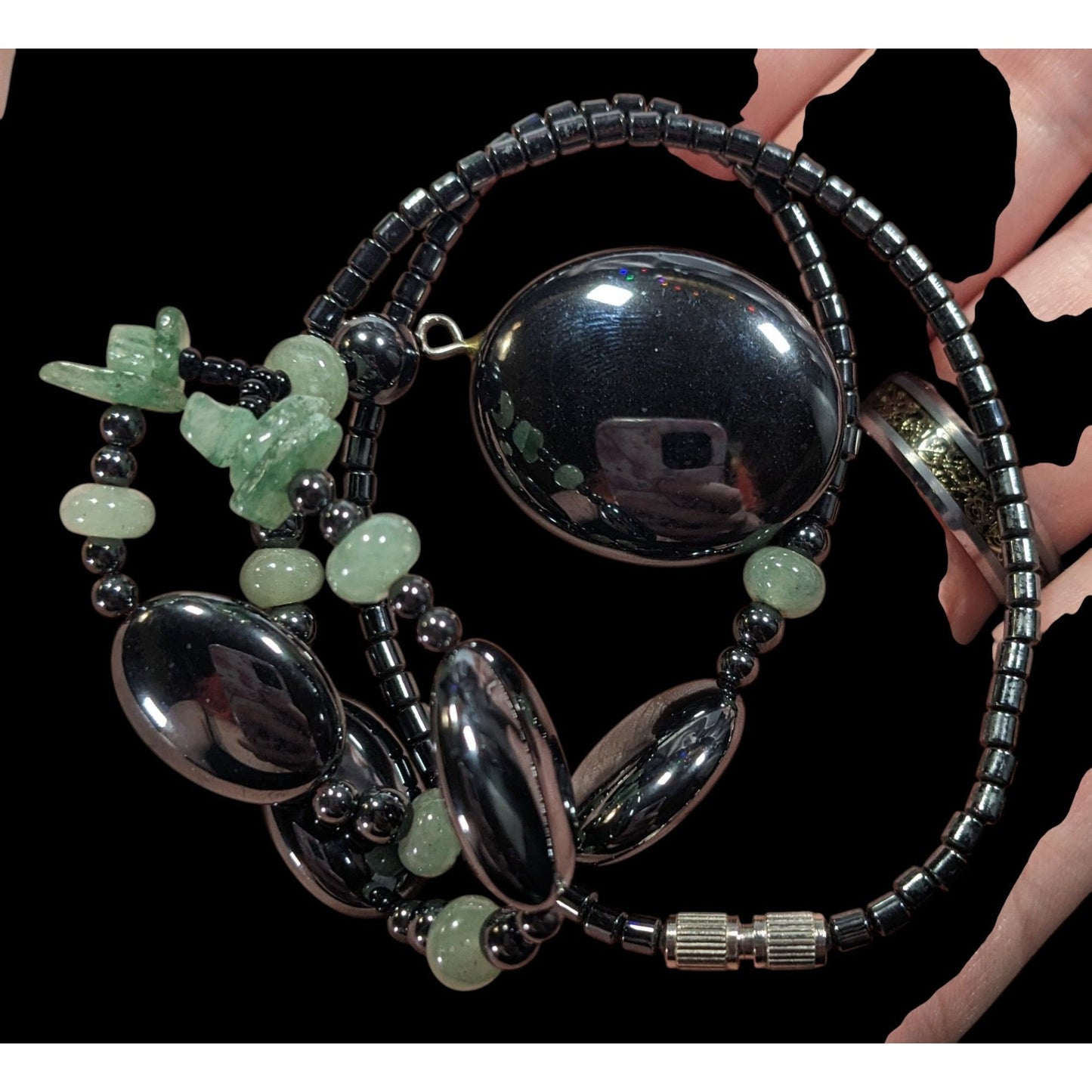 Handmade Hematite And Green Amethyst Beaded Drop Necklace