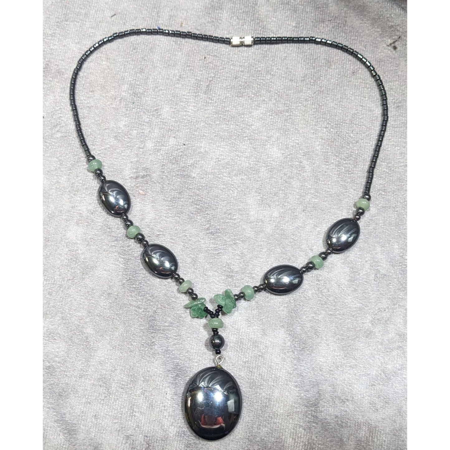 Handmade Hematite And Green Amethyst Beaded Drop Necklace