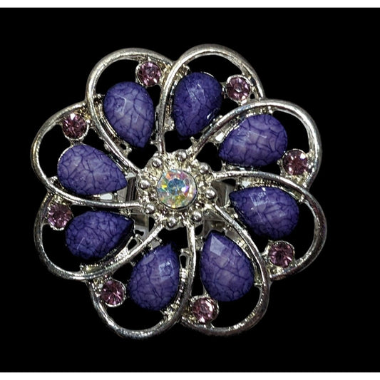 Fairycore Floral Gemmed Purple And Silver Tone Adjustable Ring