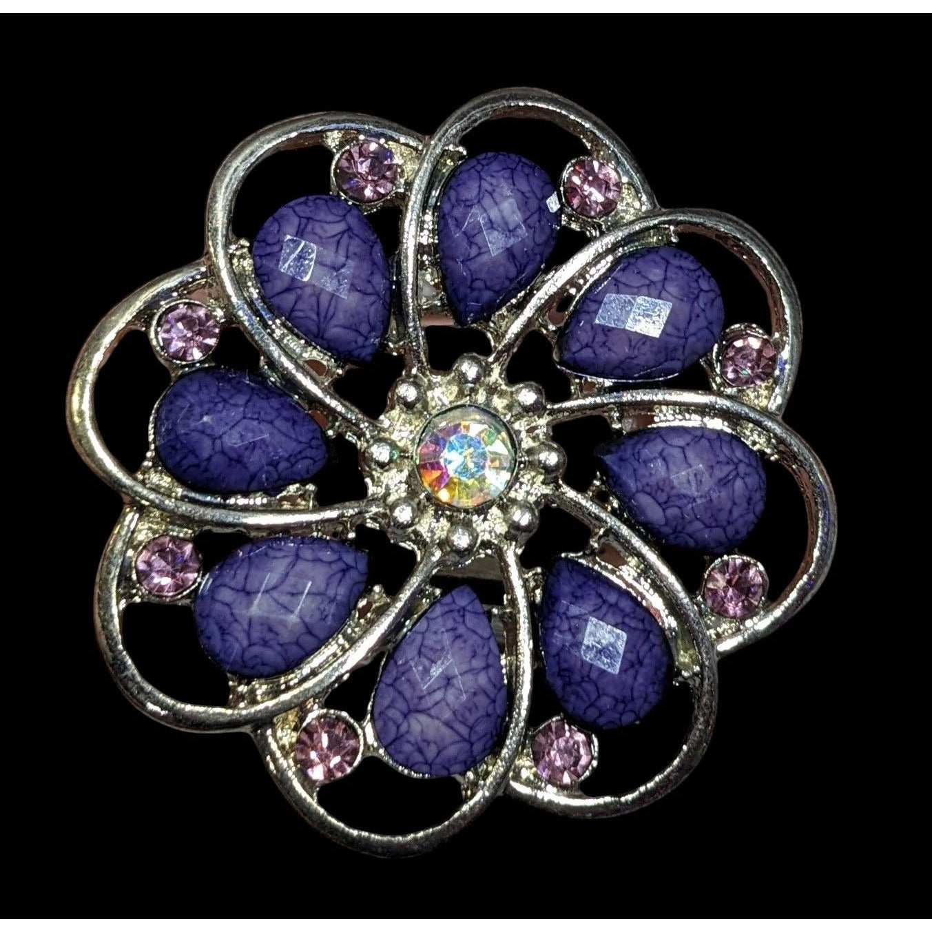 Fairycore Floral Gemmed Purple And Silver Tone Adjustable Ring