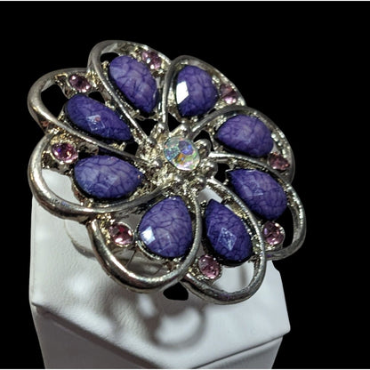 Fairycore Floral Gemmed Purple And Silver Tone Adjustable Ring