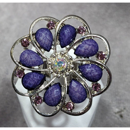 Fairycore Floral Gemmed Purple And Silver Tone Adjustable Ring