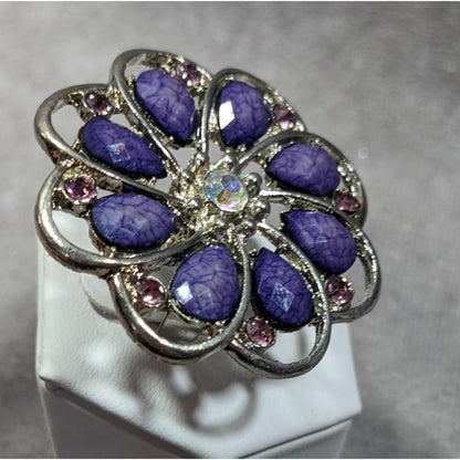 Fairycore Floral Gemmed Purple And Silver Tone Adjustable Ring