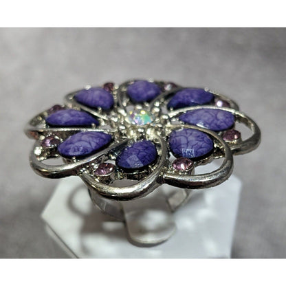 Fairycore Floral Gemmed Purple And Silver Tone Adjustable Ring