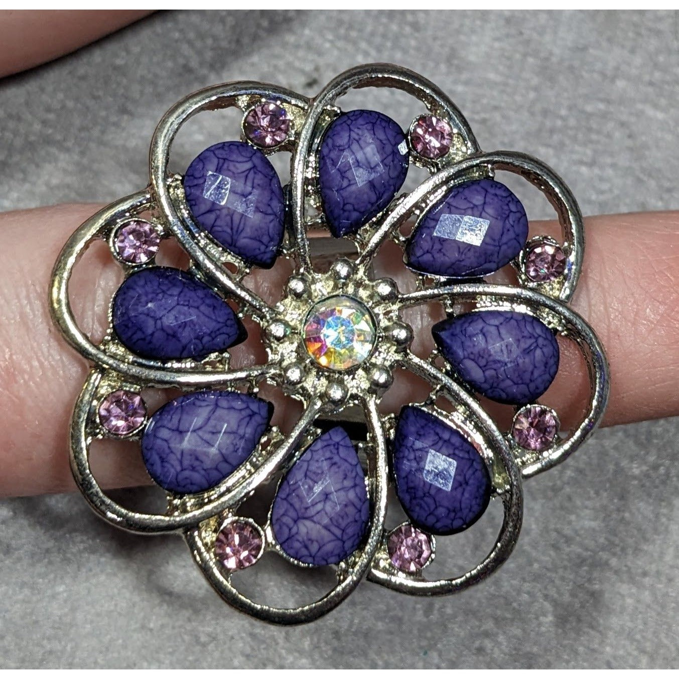 Fairycore Floral Gemmed Purple And Silver Tone Adjustable Ring