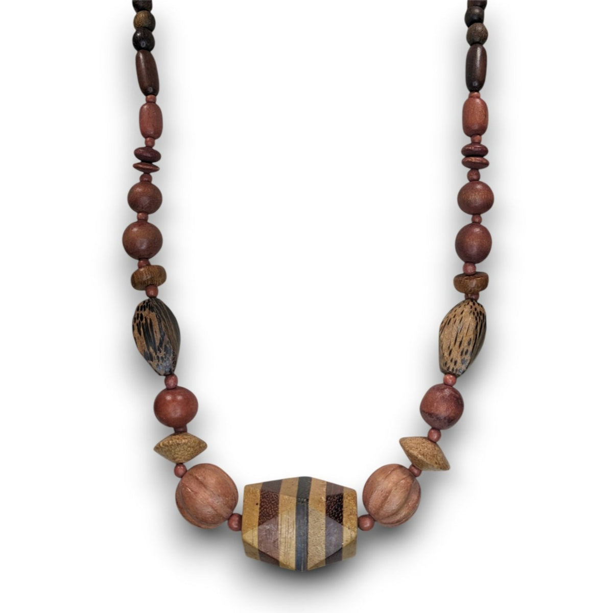 Vintage Boho Wood Brown Geometric Beaded Necklace 21 Inch