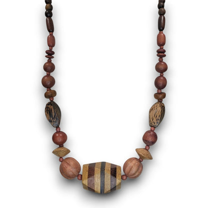 Vintage Boho Wood Brown Geometric Beaded Necklace 21 Inch