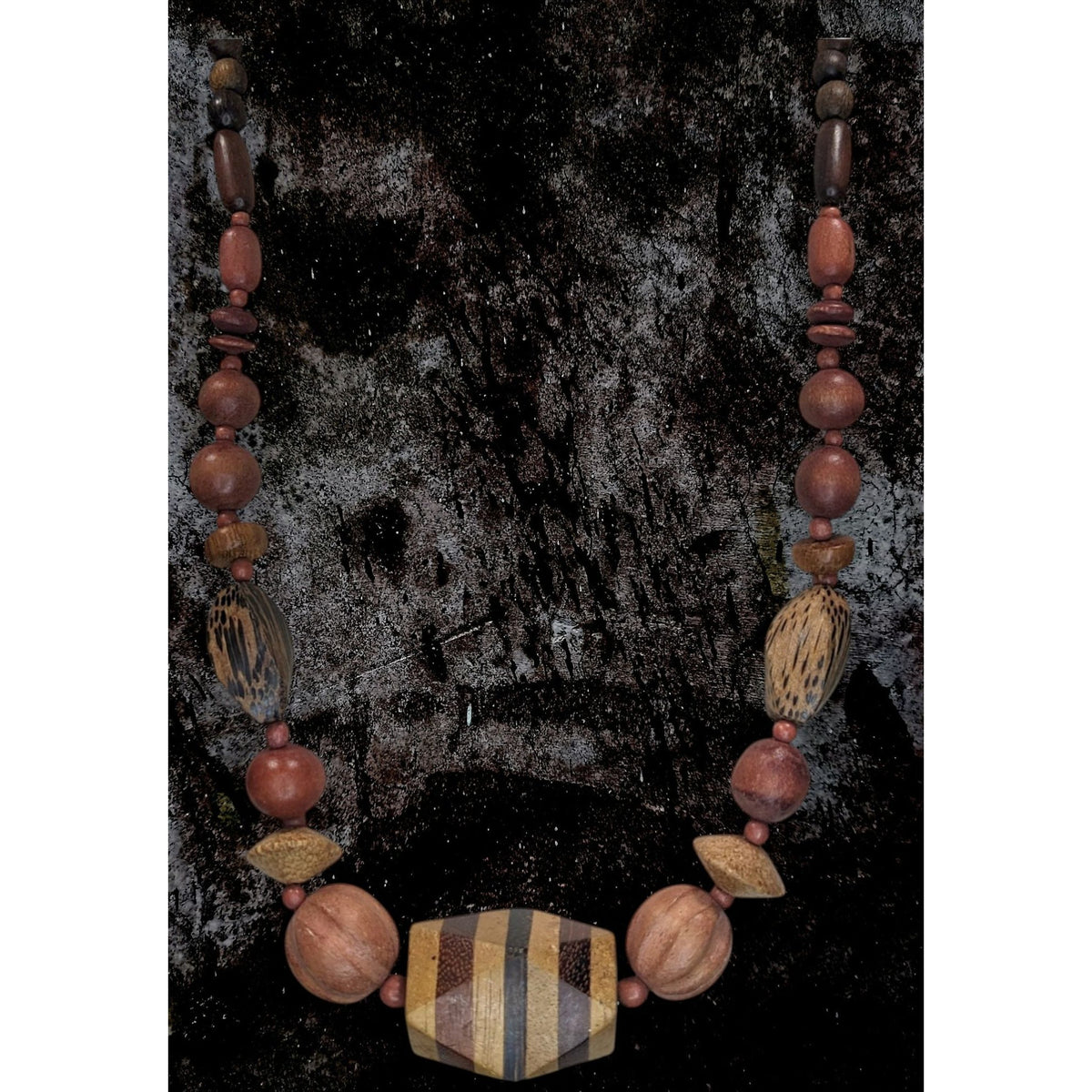 Vintage Boho Wood Brown Geometric Beaded Necklace 21 Inch