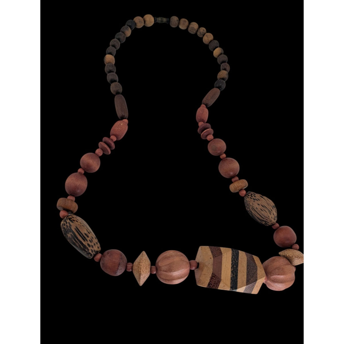 Vintage Boho Wood Brown Geometric Beaded Necklace 21 Inch