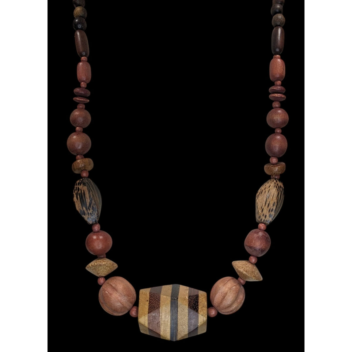 Vintage Boho Wood Brown Geometric Beaded Necklace 21 Inch