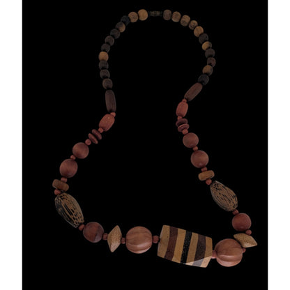 Vintage Boho Wood Brown Geometric Beaded Necklace 21 Inch