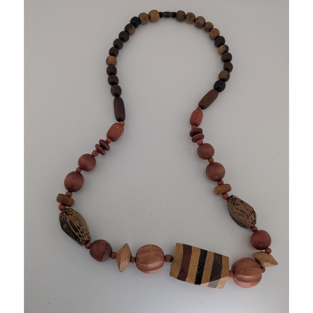 Vintage Boho Wood Brown Geometric Beaded Necklace 21 Inch