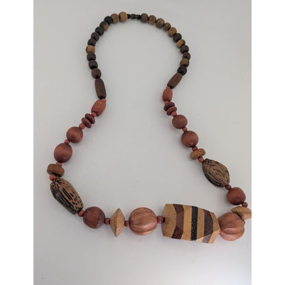 Vintage Boho Wood Brown Geometric Beaded Necklace 21 Inch