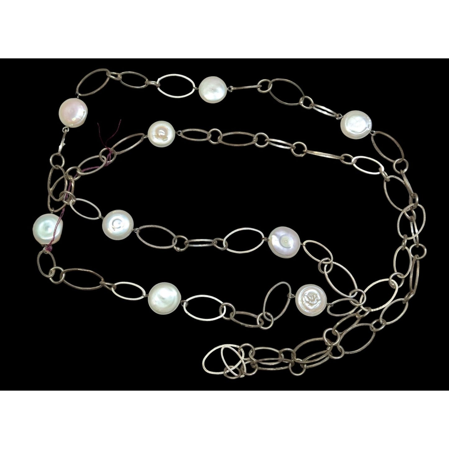 Vintage Handmade Pearl Station Necklace On Oval Link Chain