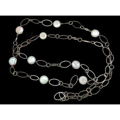 Vintage Handmade Pearl Station Necklace On Oval Link Chain