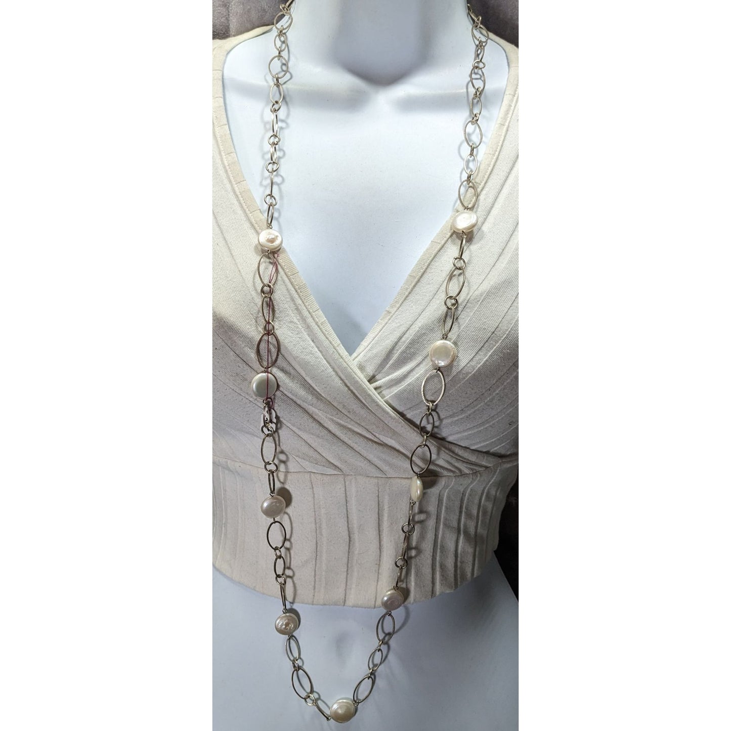 Vintage Handmade Pearl Station Necklace On Oval Link Chain