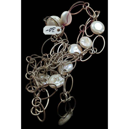 Vintage Handmade Pearl Station Necklace On Oval Link Chain