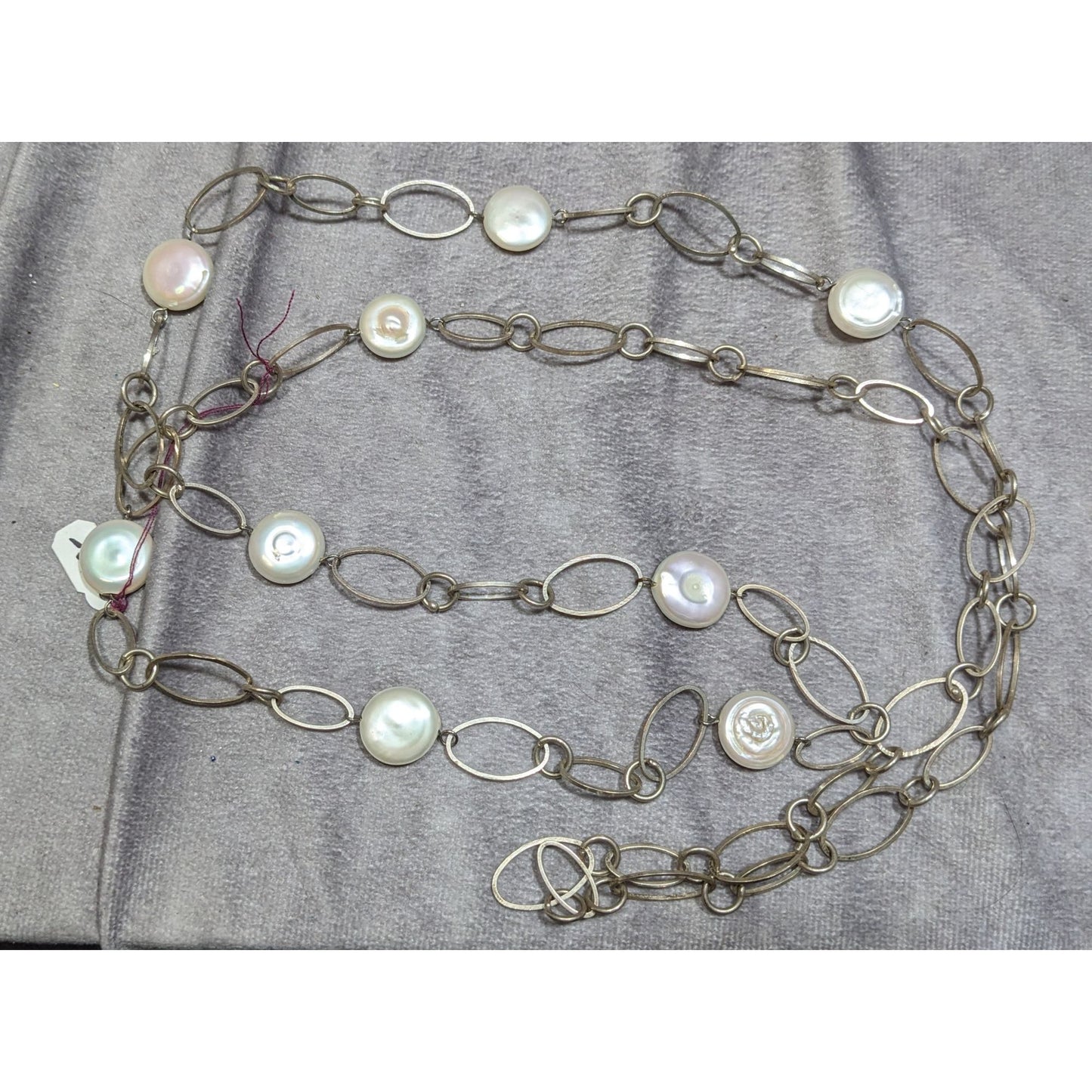 Vintage Handmade Pearl Station Necklace On Oval Link Chain