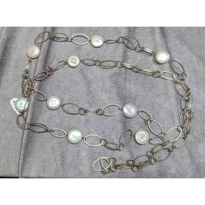 Vintage Handmade Pearl Station Necklace On Oval Link Chain