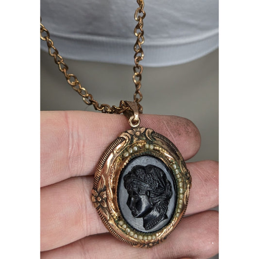 Vintage Coro Cameo Necklace Gold Tone Black Cameo Faux Pearl Victorian Revival Pendant