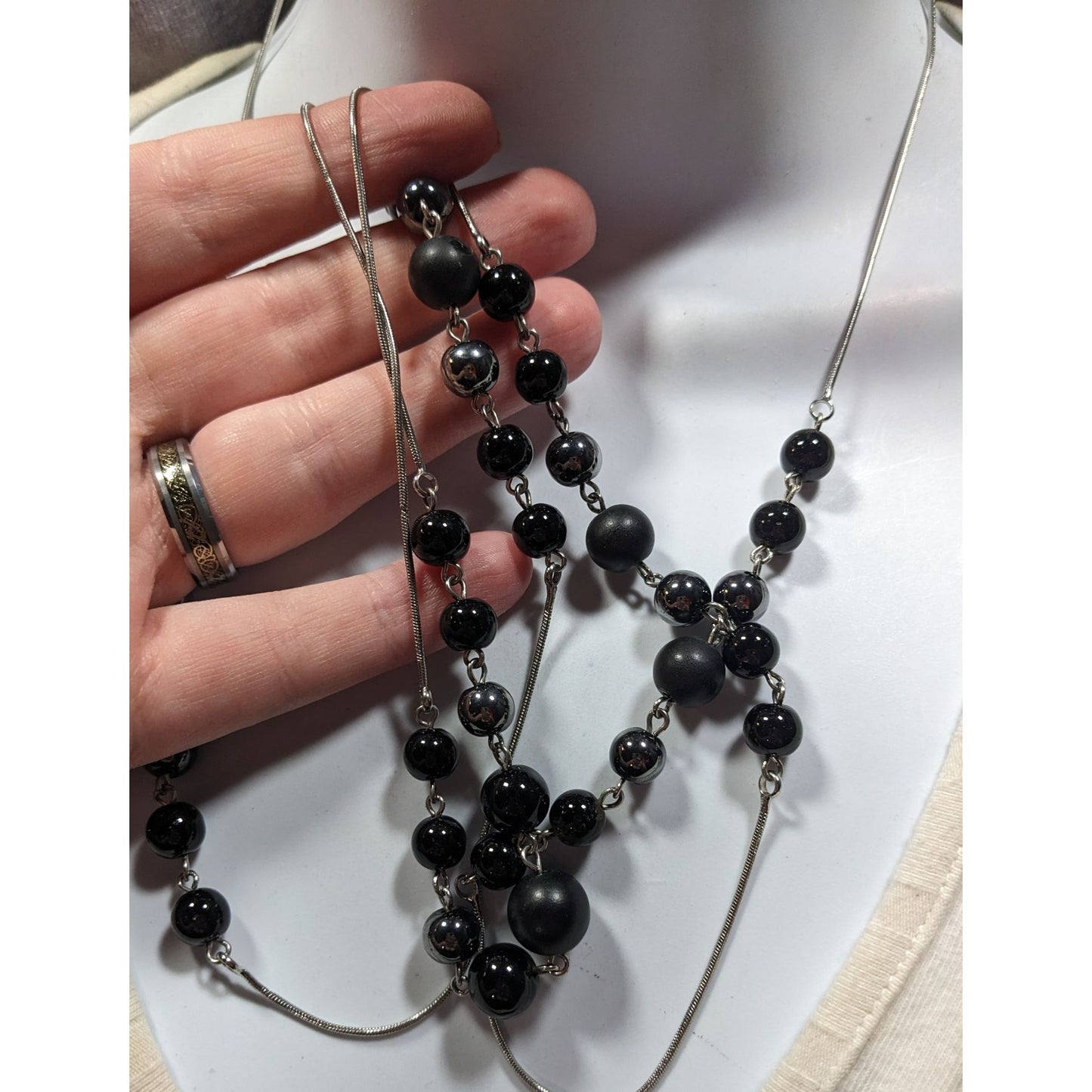 Elegant Opera Station Necklace Black Beads On Silver Tone Snake Chain