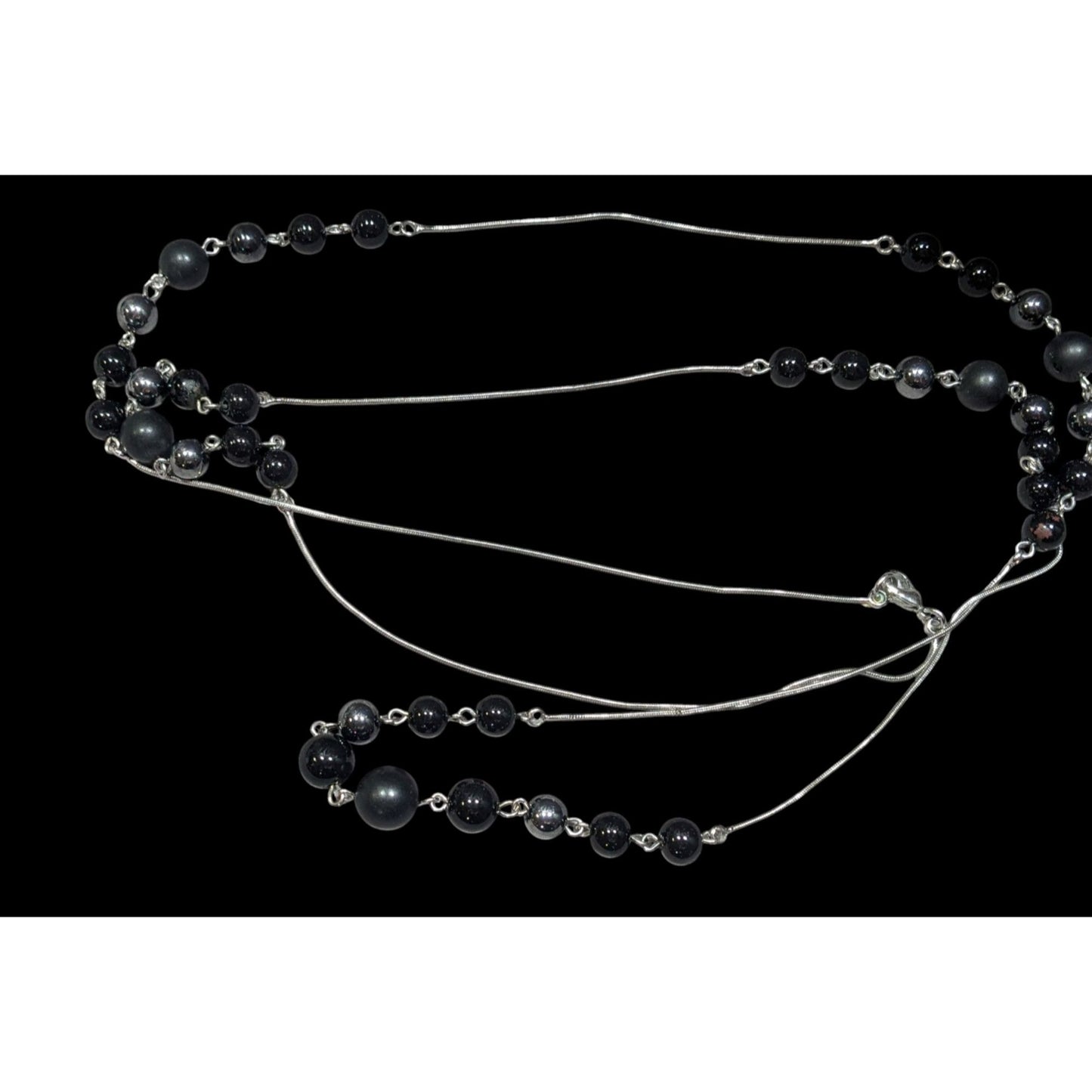 Elegant Opera Station Necklace Black Beads On Silver Tone Snake Chain
