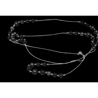 Elegant Opera Station Necklace Black Beads On Silver Tone Snake Chain