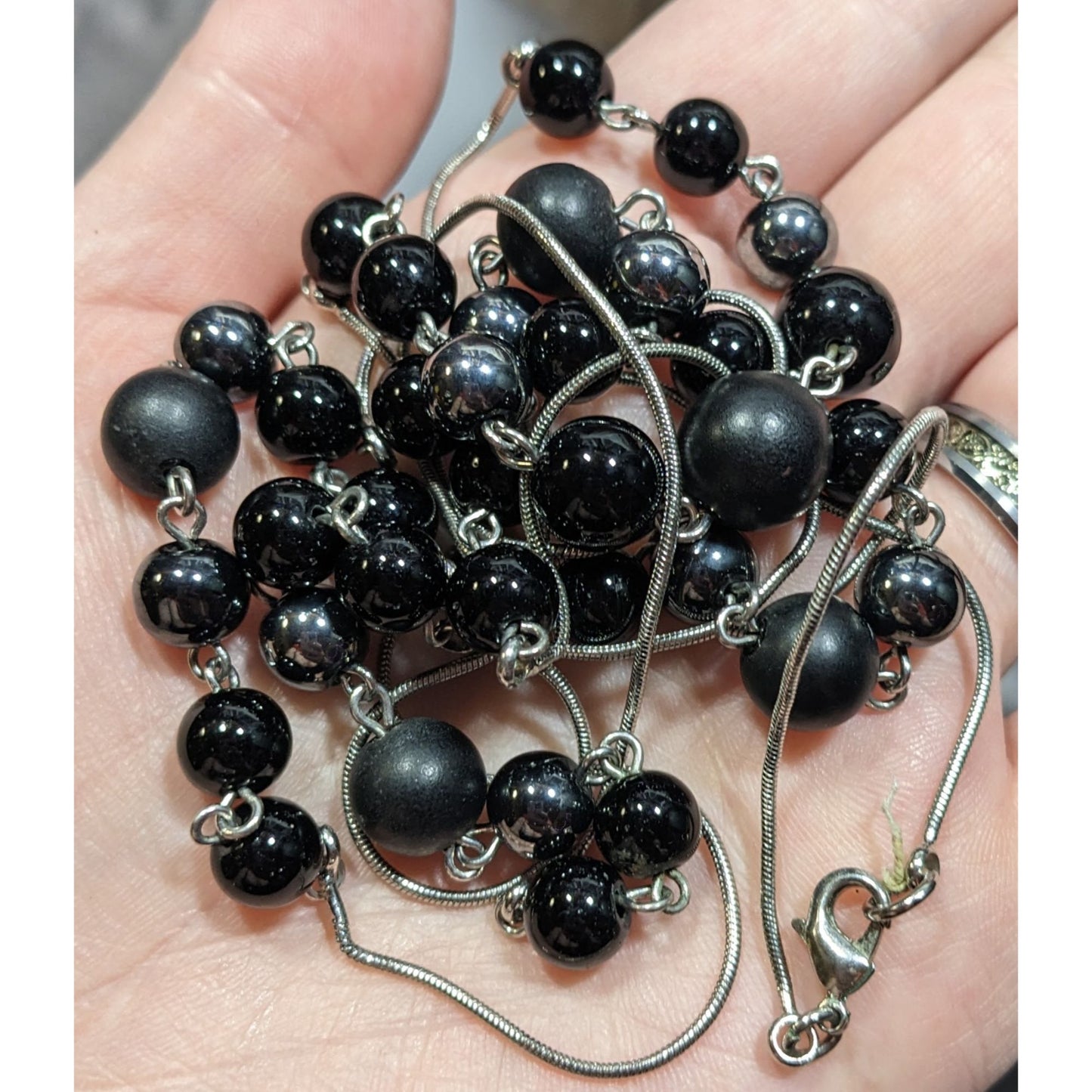Elegant Opera Station Necklace Black Beads On Silver Tone Snake Chain